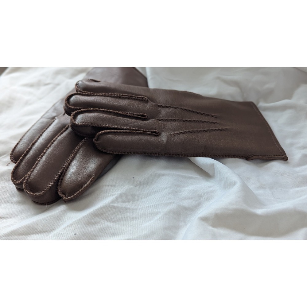 Vintage Brown Leather Gloves Rabbit Fur‎ Lined Mens Large Korea WPL 11738